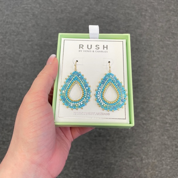 Blue and Gold Beaded Teardrop Earrings - Picture 1 of 4